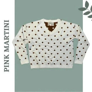Pink Martini Women’s V-Neck Polka Dot Cream Brown Long Sleeved Sweater Small